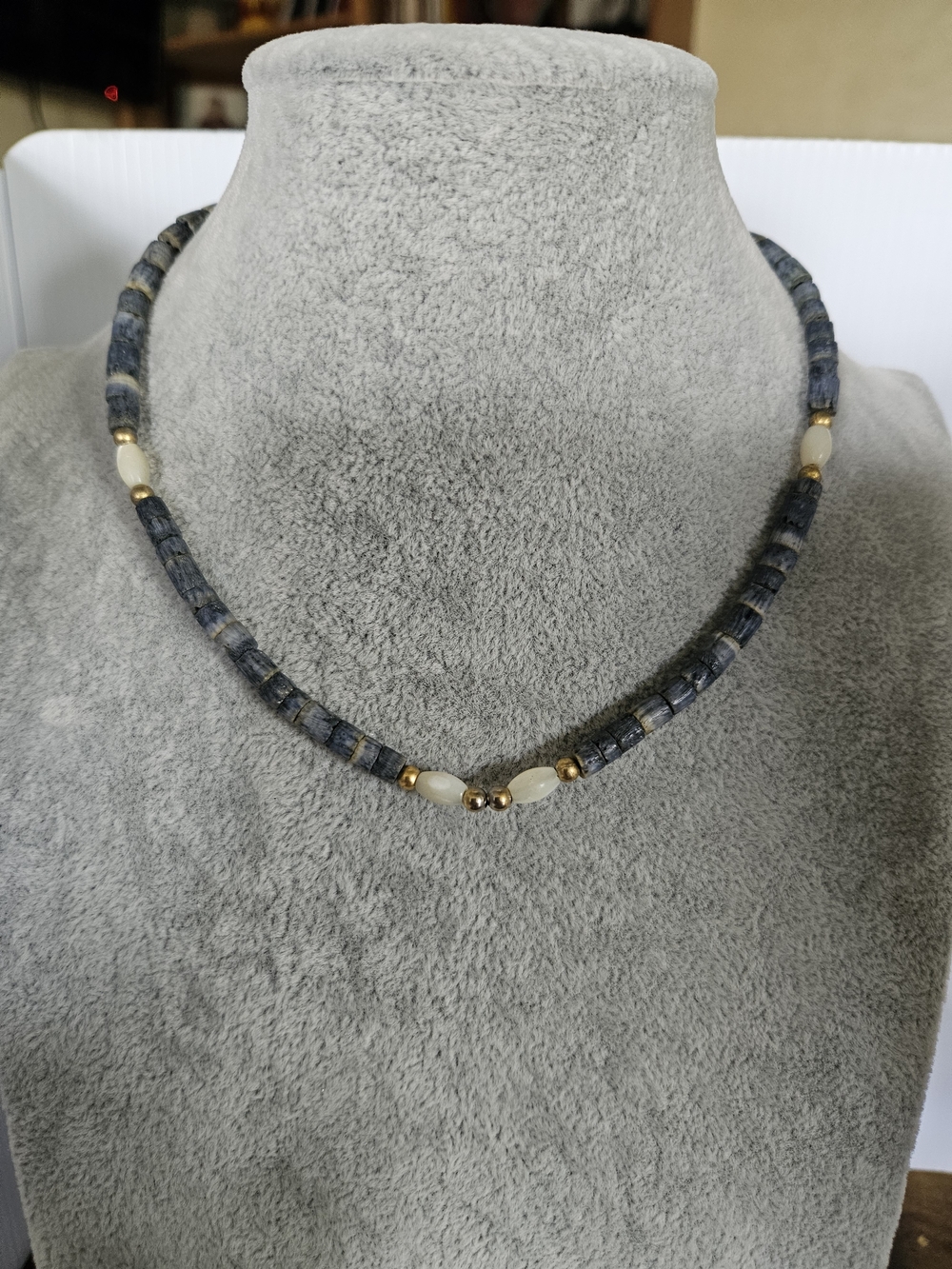 Vintage Blue Sponge Coral Heishi Beaded Necklace With Mother Of Pearl Accents